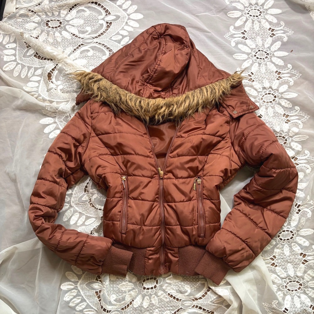 Y2K Fall Brown Puffer Jacket Detachable Faux Fur Trim Hood Size Small